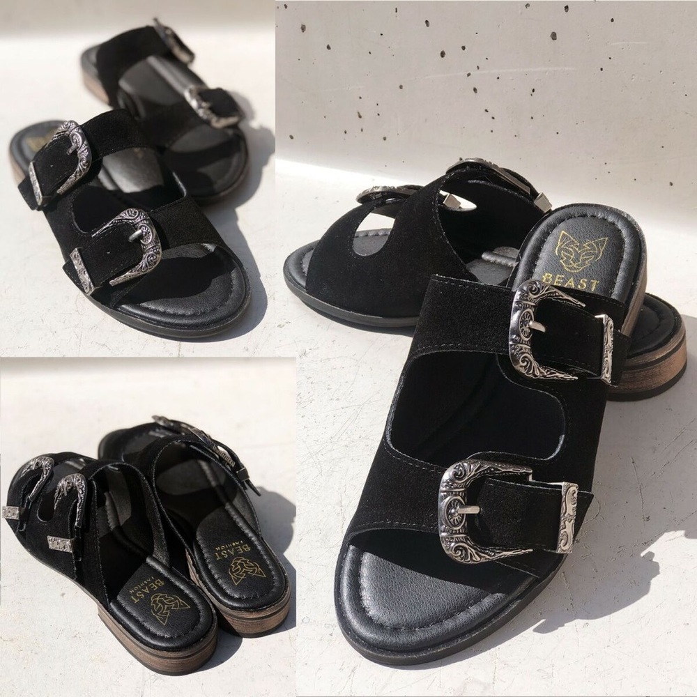 Black Sandals with Engraved Silver Buckles